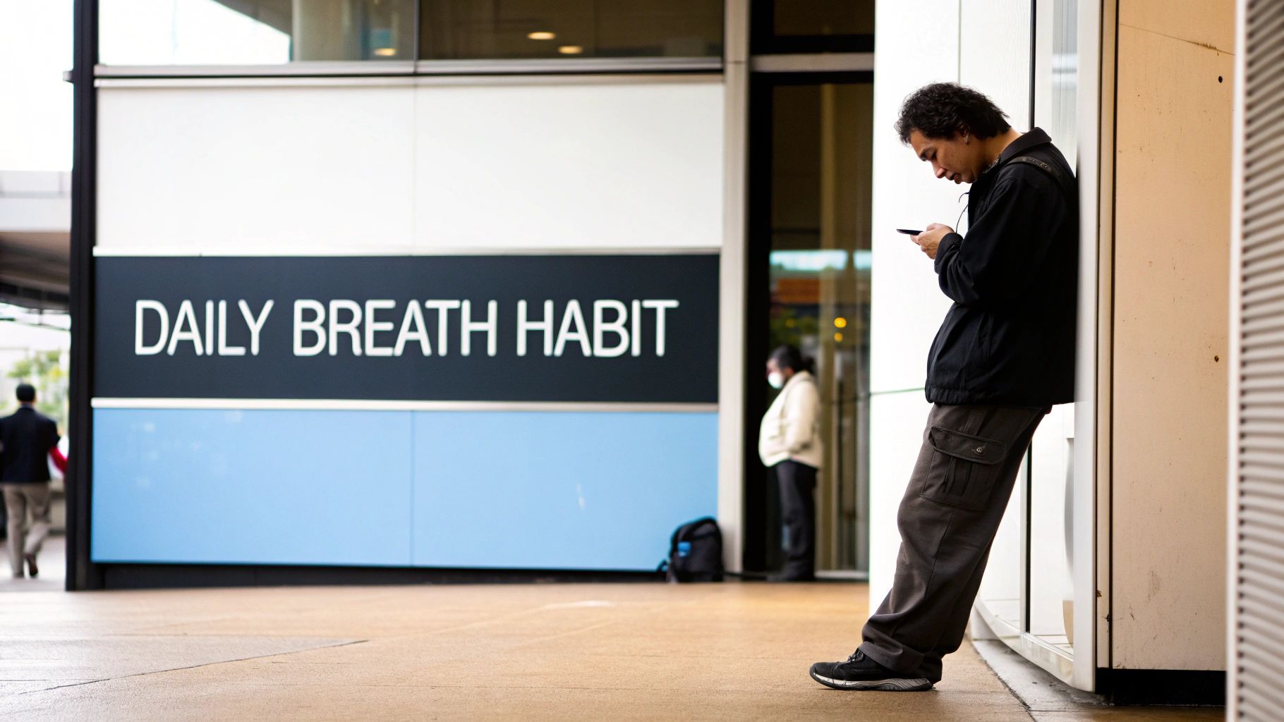 A person taking a moment for a deep breath while looking out a window during a coffee break.