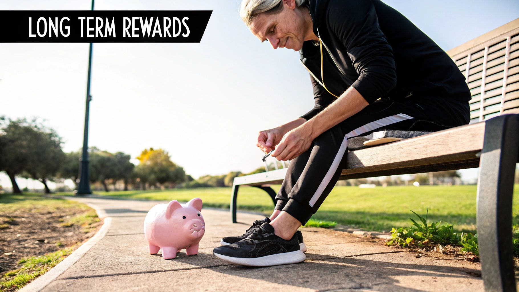 A person sits on a park bench, holding a lighter next to a pink piggy bank, symbolizing long-term rewards.