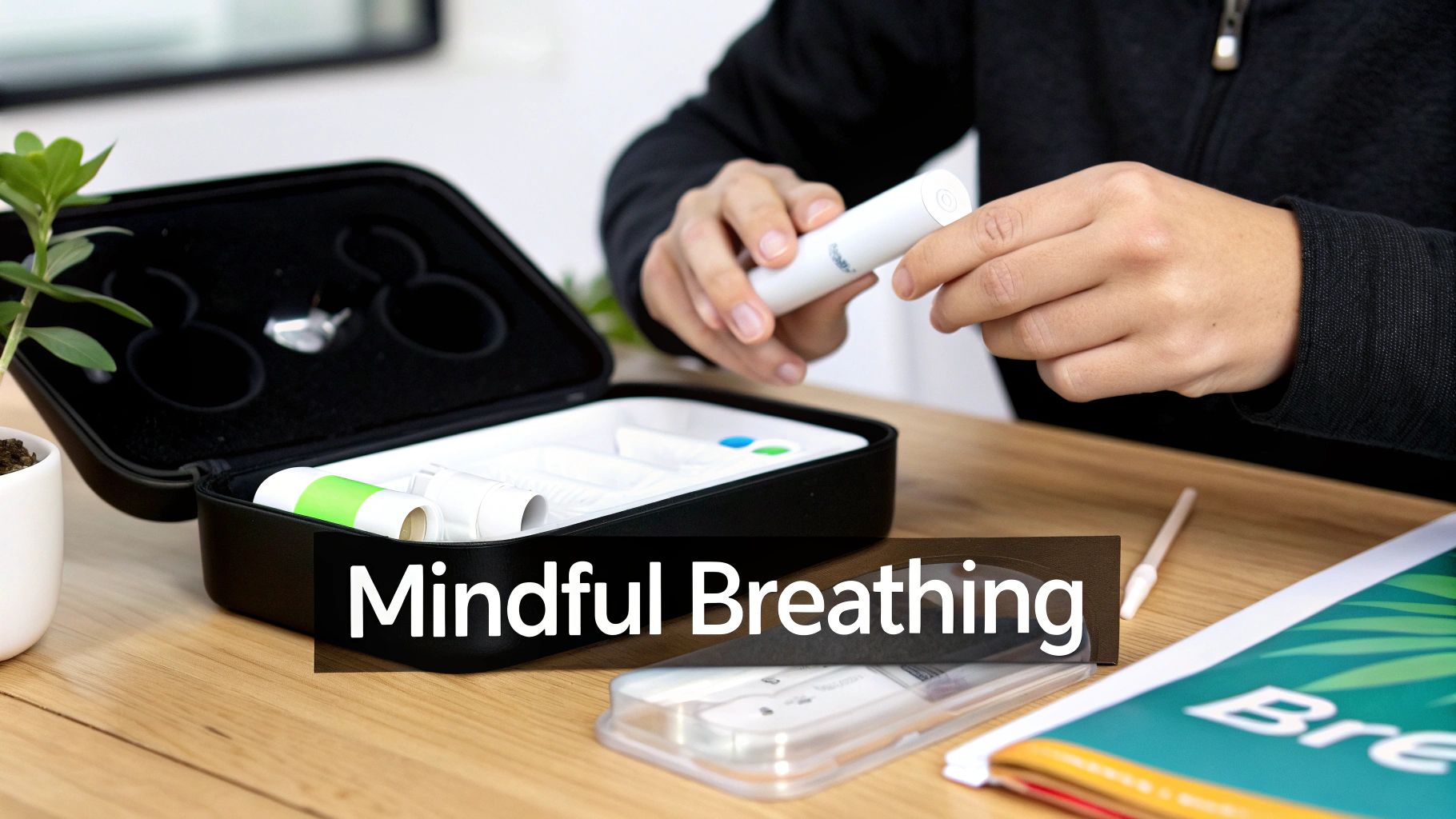 A person holds a white portable breathing device, part of a 'Mindful Breathing' kit.
