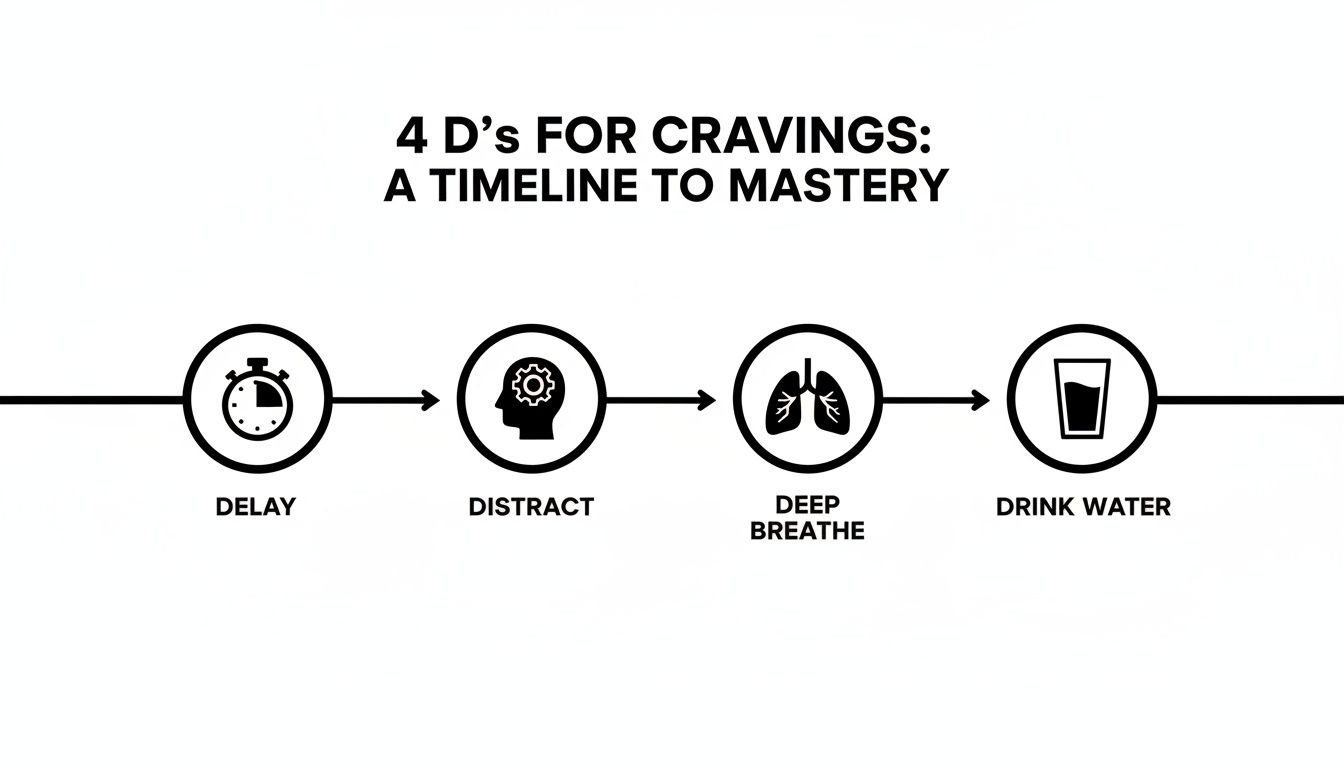Flowchart showing the '4 D's' method to manage cravings: delay, distract, deep breathe, and drink water.