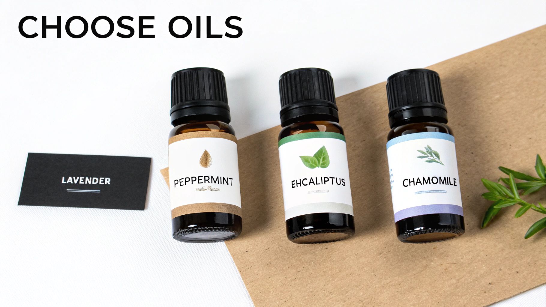 Four essential oils displayed: peppermint, eucalyptus, chamomile, and a lavender label, for aromatherapy.