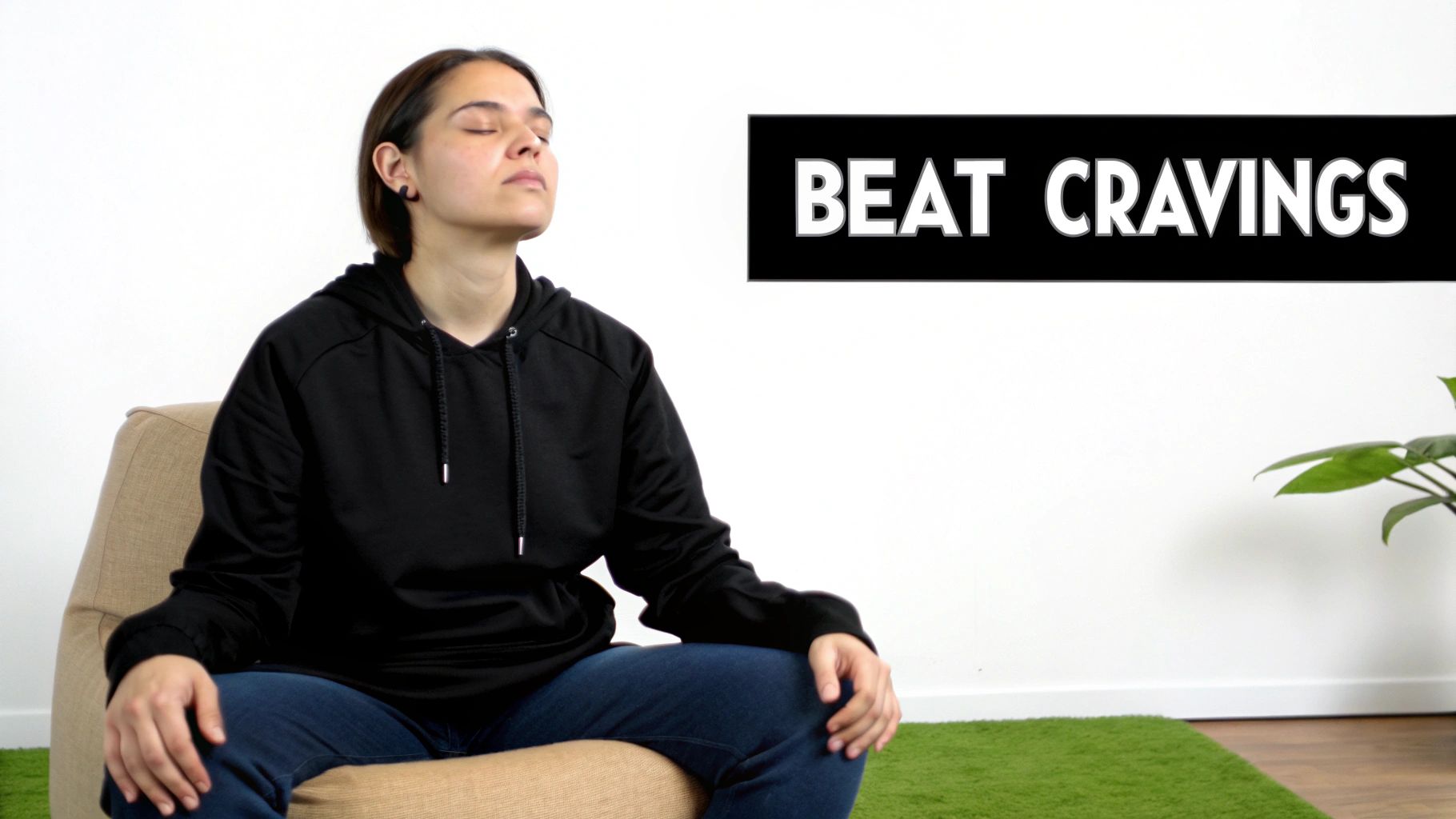 Person meditating peacefully outdoors, representing mental clarity and control over cravings.