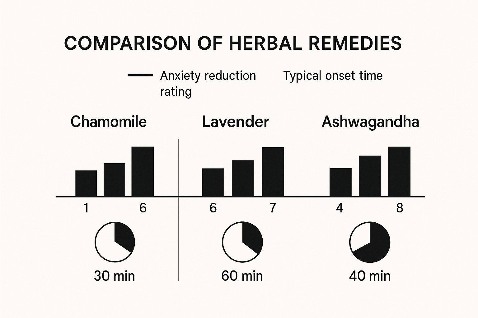 Infographic comparing the anxiety reduction rating and onset time of Chamomile, Lavender, and Ashwagandha.