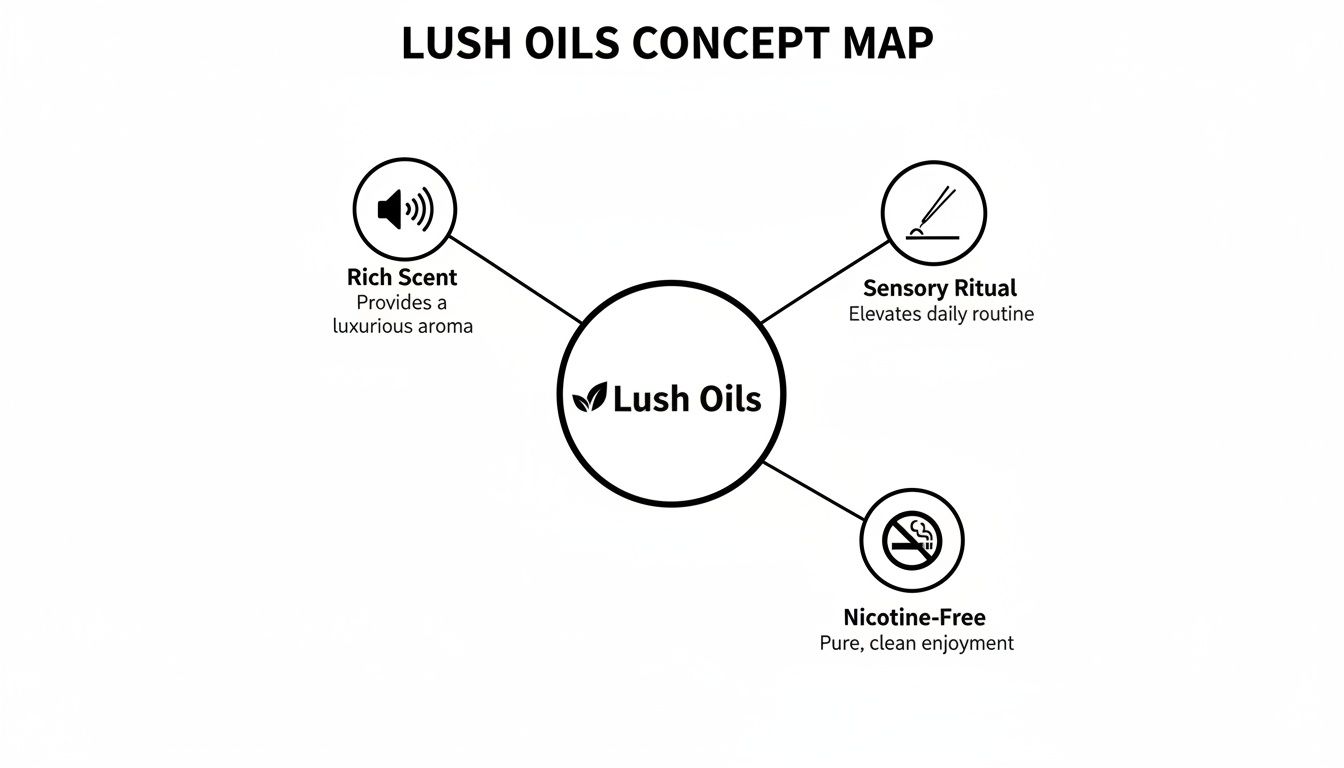 Lush Oils concept map illustrating rich scent, sensory ritual, and nicotine-free benefits.