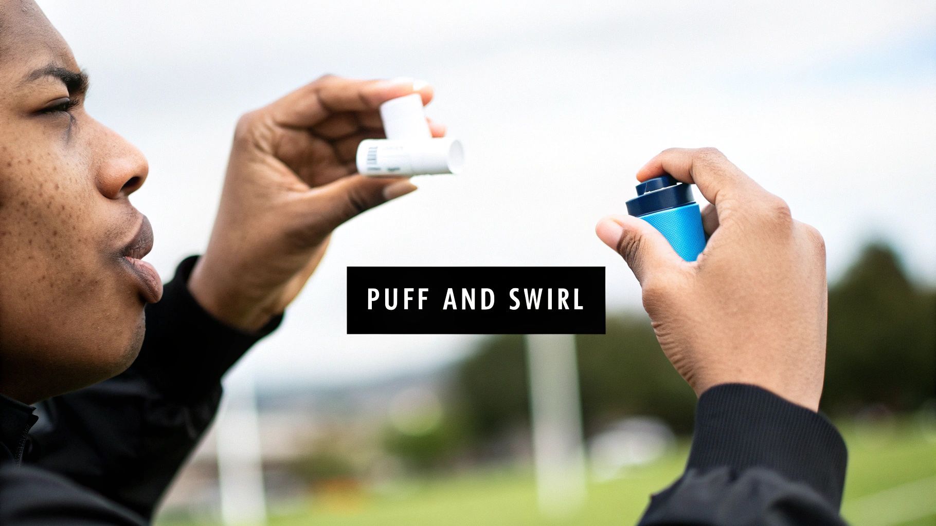 A person demonstrating the use of a blue inhaler and a white T-shaped tube with the text 'Puff and Swirl'.