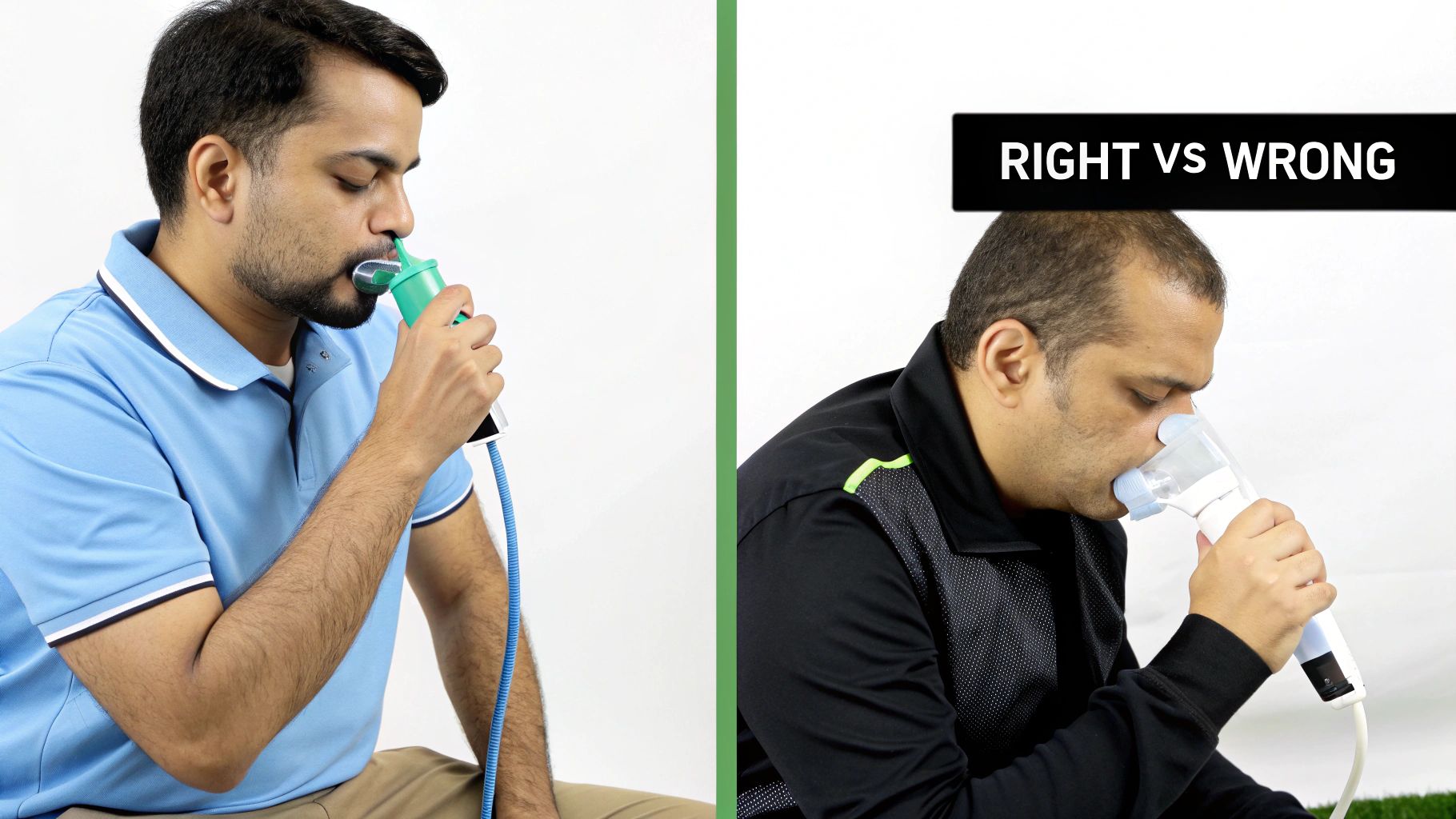 Two men demonstrate correct and incorrect inhaler techniques with different devices.