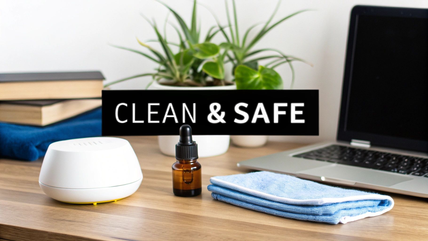 A white essential oil diffuser, oil bottle, and blue cleaning cloth on a wooden desk with a 'Clean & Safe' banner.