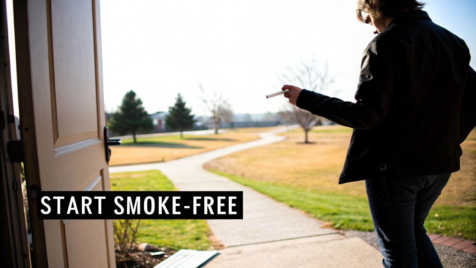 A person holding a cigarette stands in a doorway, looking outside at a winding path, promoting a smoke-free life.