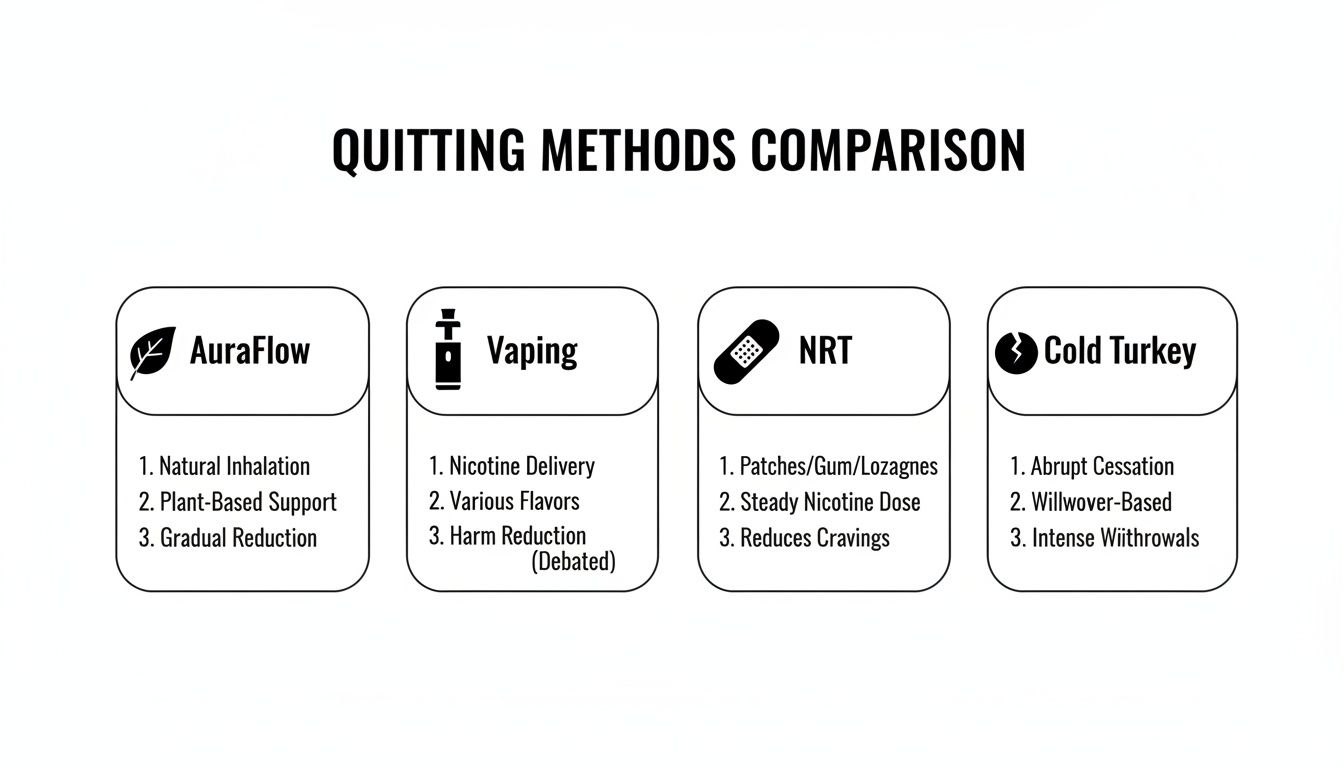A comparison chart showing four quitting methods: AuraFlow, Vaping, NRT, and Cold Turkey, with their features.