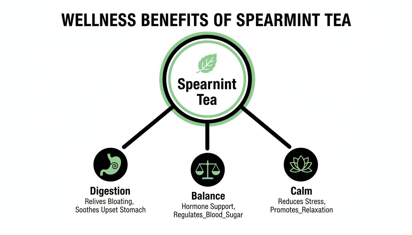 Infographic detailing the wellness benefits of spearmint tea for digestion, hormonal balance, and relaxation.
