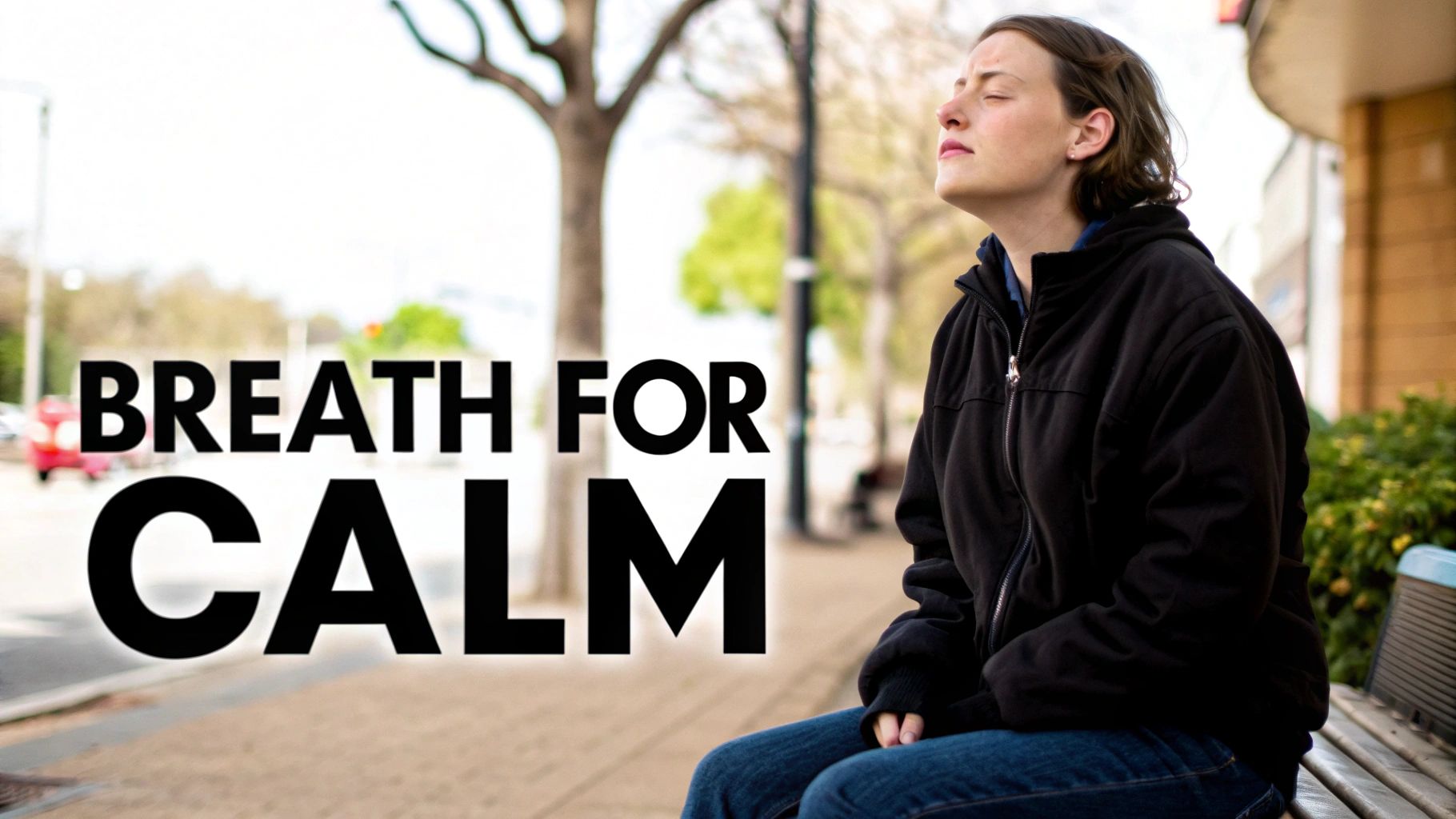 A person sitting calmly on a yoga mat in a bright, airy room, practising a breathing exercise.