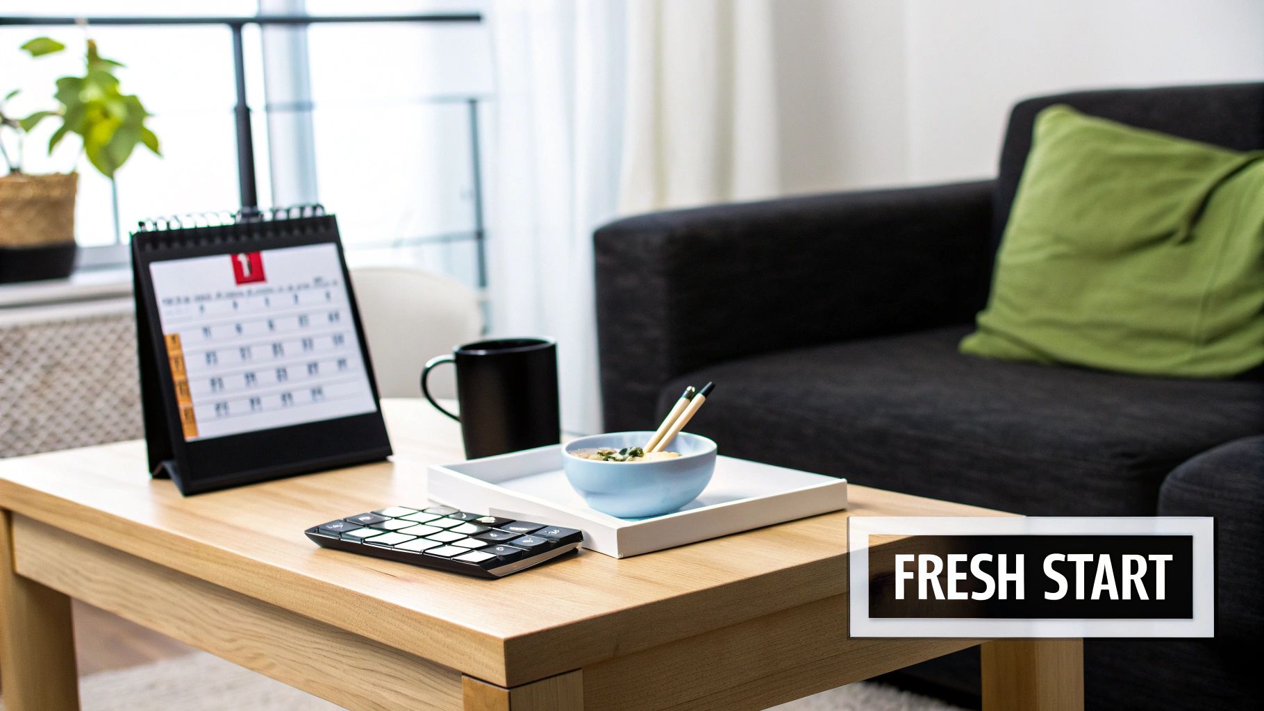 A coffee table with a calendar displaying '1', a mug, a bowl with food, and a 'Fresh Start' sign.