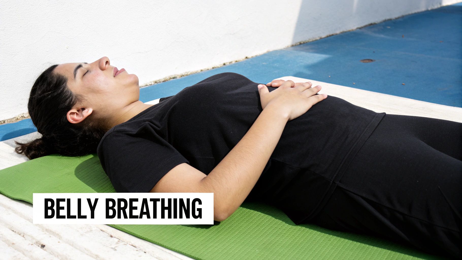 Infographic demonstrating diaphragmatic breathing technique with one hand on the chest and one on the belly, showing the belly expanding on the inhale.
