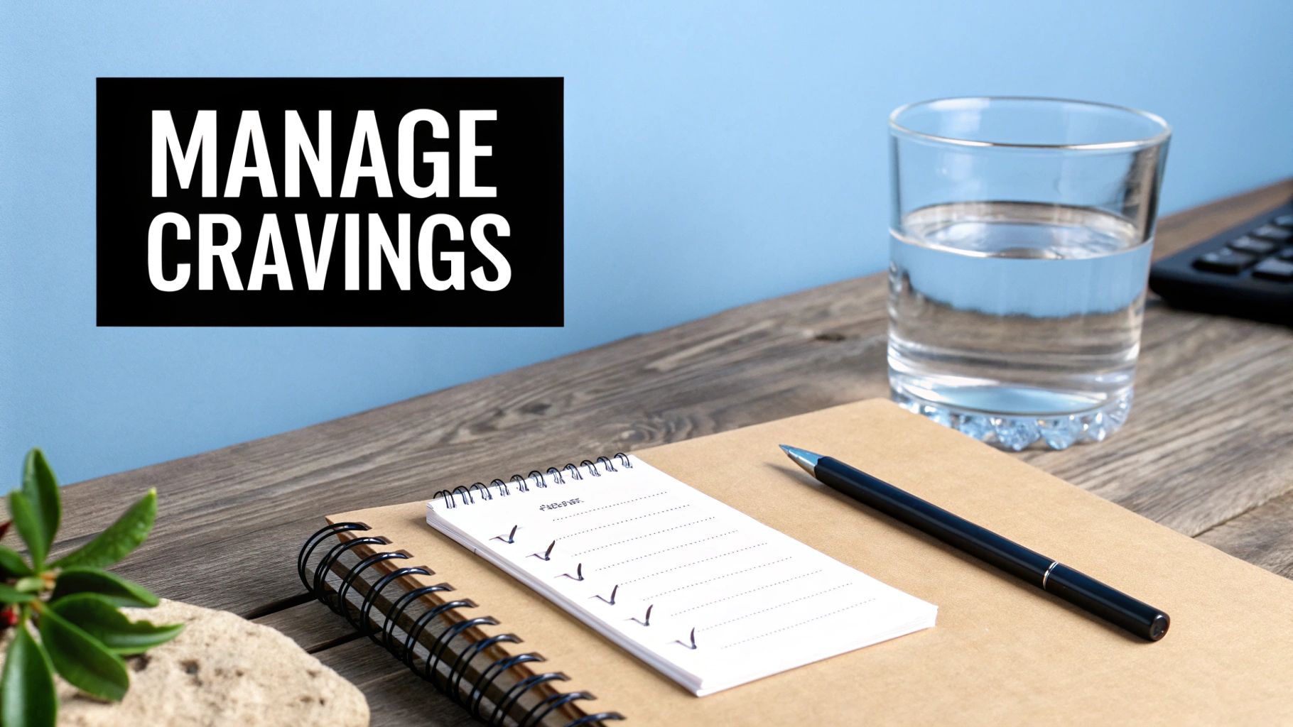 A workspace with a checklist notebook, pen, glass of water, and a black sign saying 'MANAGE CRAVINGS'.