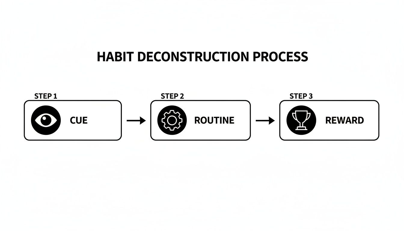 Flowchart illustrating the habit deconstruction process: Cue (Step 1), Routine (Step 2), Reward (Step 3).