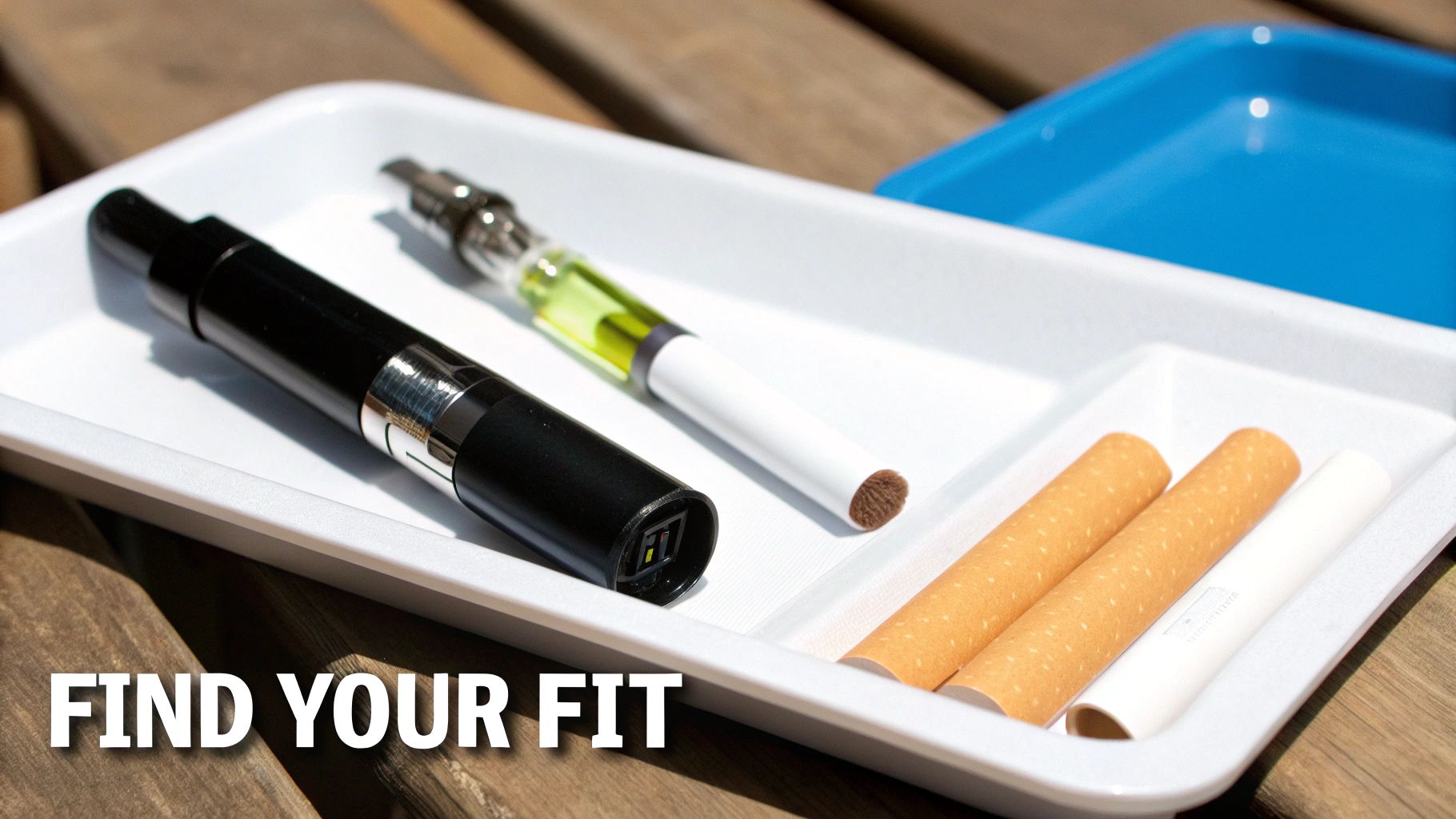 A white tray holds various smoking cessation products: two e-cigarettes and three cigarette filters.