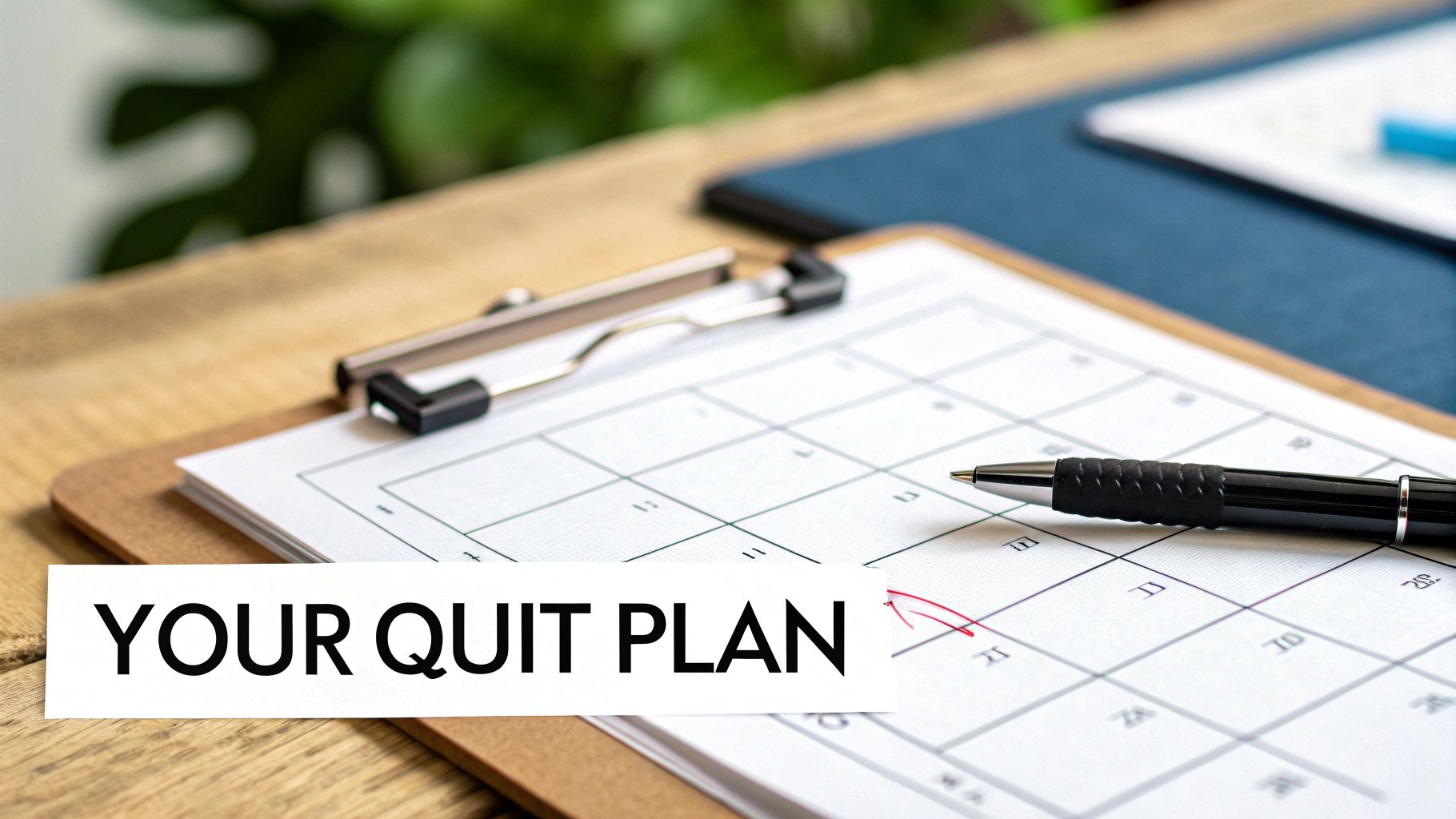 A person writing down their quit plan in a notebook with a calendar nearby.