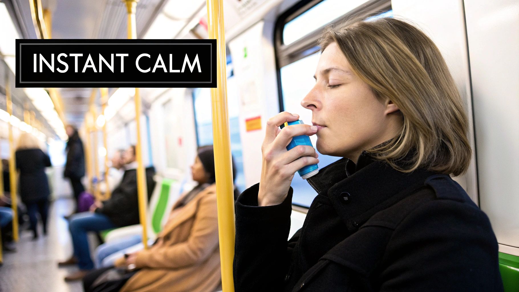 A woman on a crowded subway uses a blue inhaler with her eyes closed, finding instant calm.