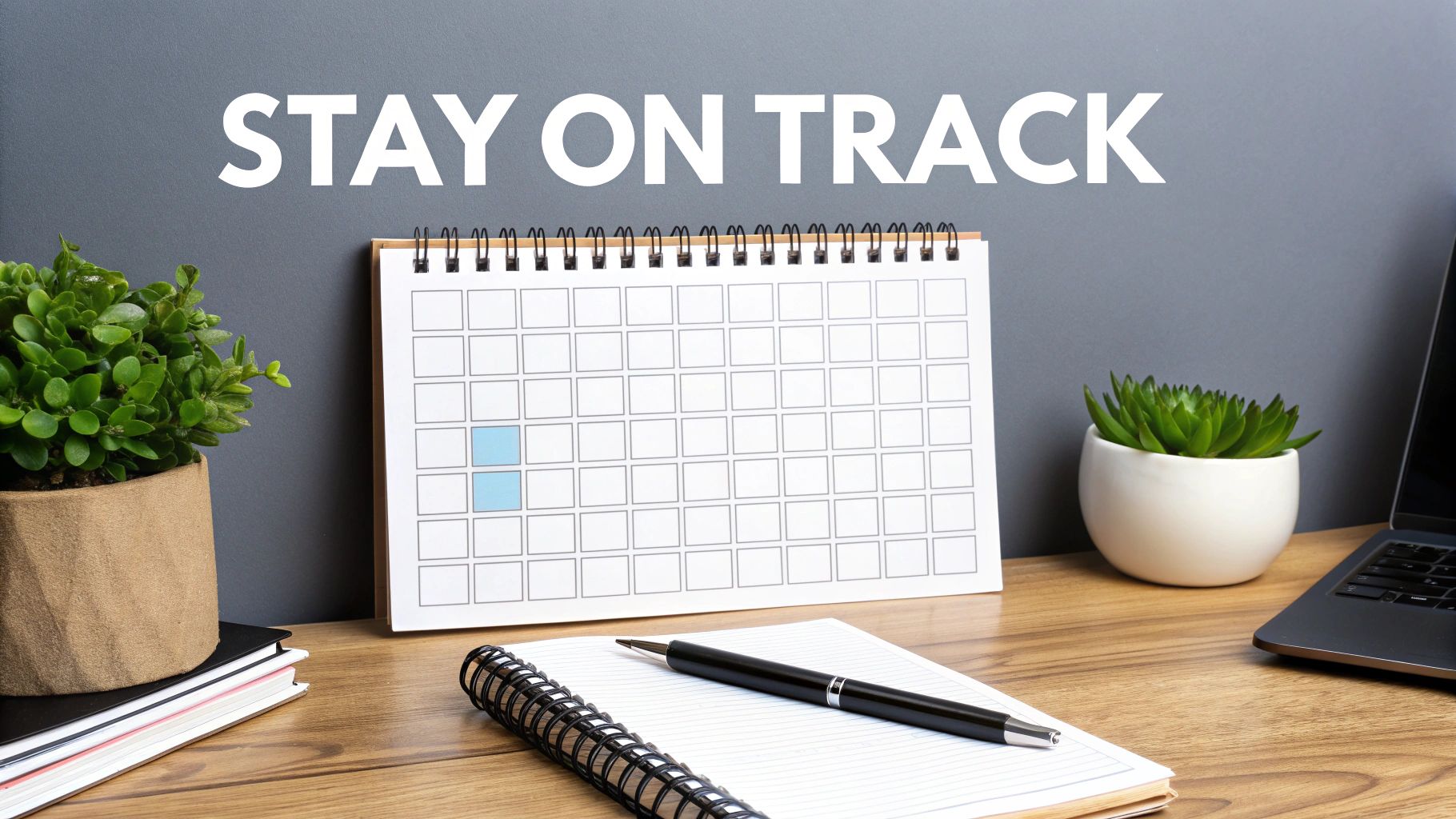 A desk setup with a calendar featuring blue marked dates, a notebook, a pen, plants, and a laptop. Text 'STAY ON TRACK' is on the wall.
