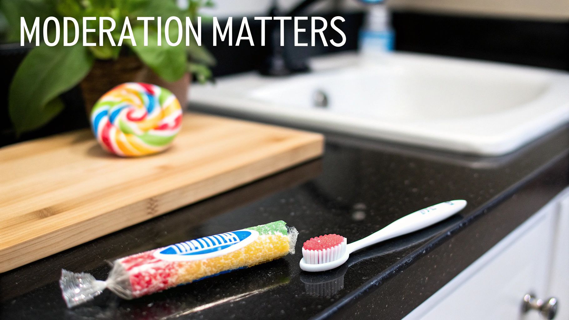 Sweet candies, a toothbrush, and the message 'Moderation Matters' emphasizing dental health.