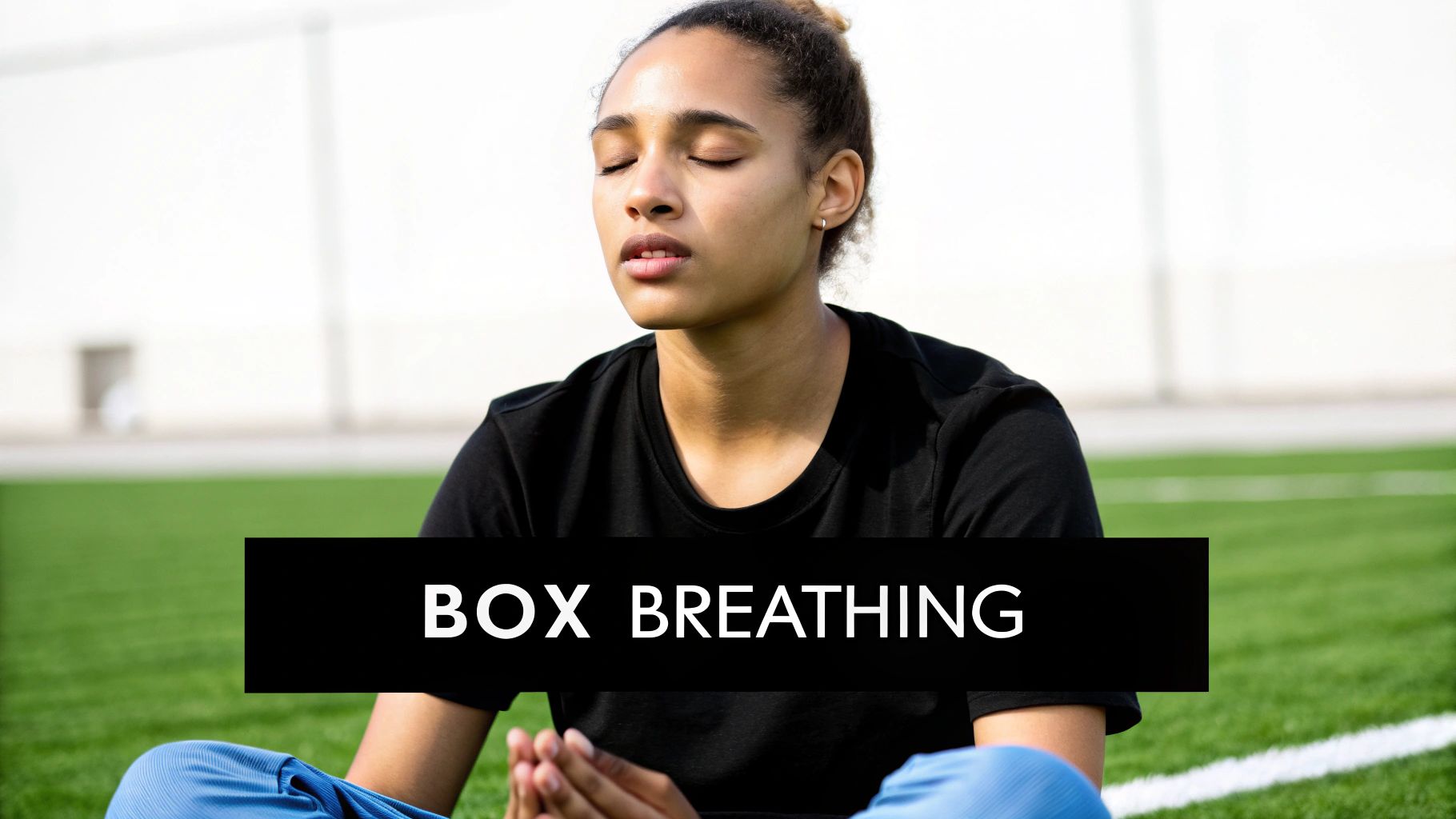 A young woman with closed eyes sits on a green field, practicing box breathing for focus and calm.