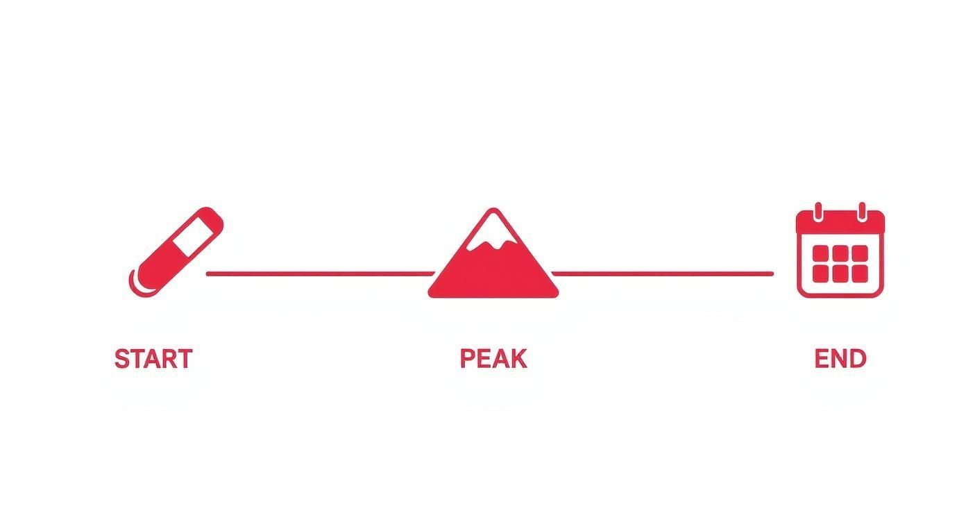 Timeline infographic showing smoking cessation journey from start through peak withdrawal to end with calendar icon