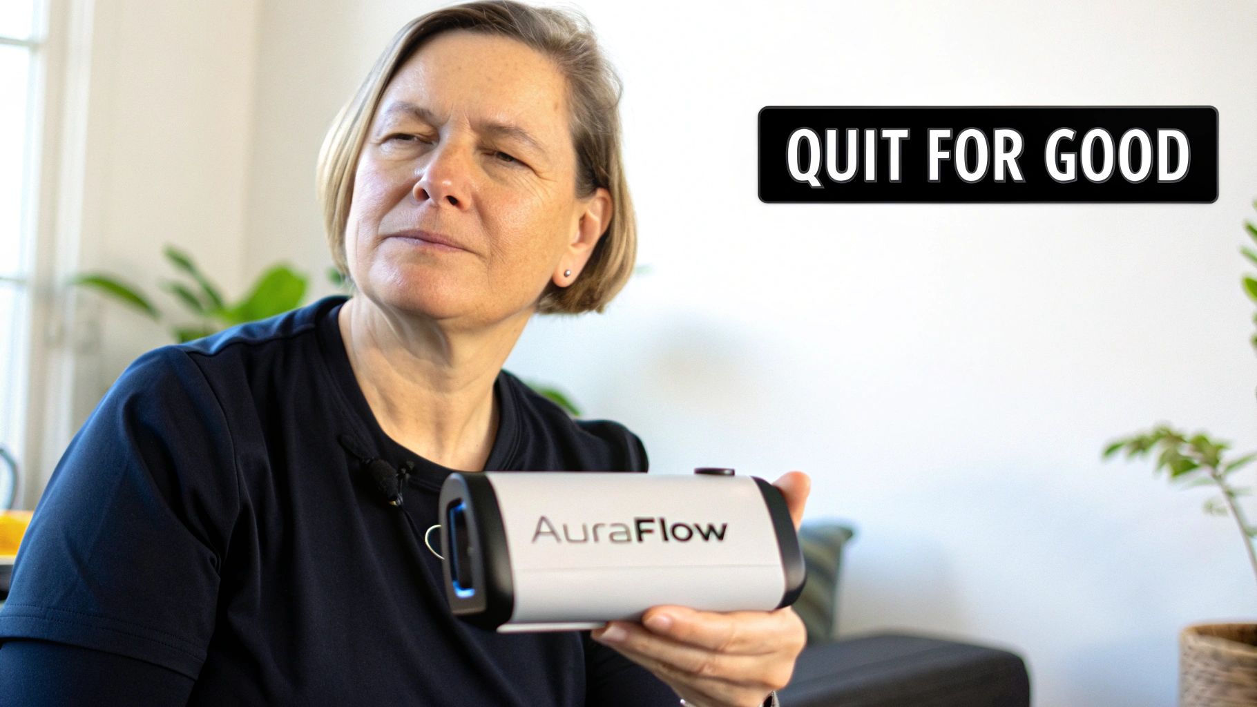 A woman holds an 'AuraFlow' device with 'QUIT FOR GOOD' text in the background, promoting cessation.