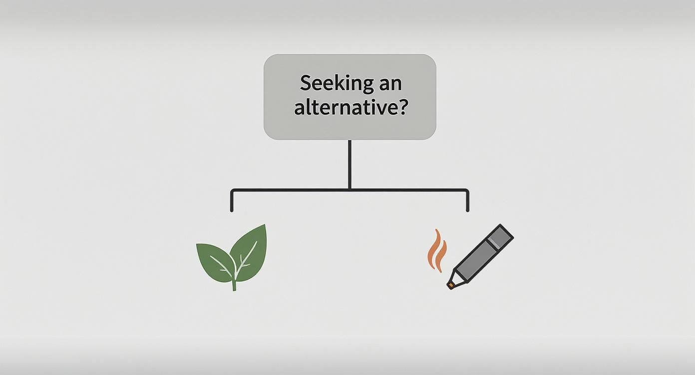 A flowchart asks 'Seeking an alternative?' with options: green leaves or a lit smoking device.