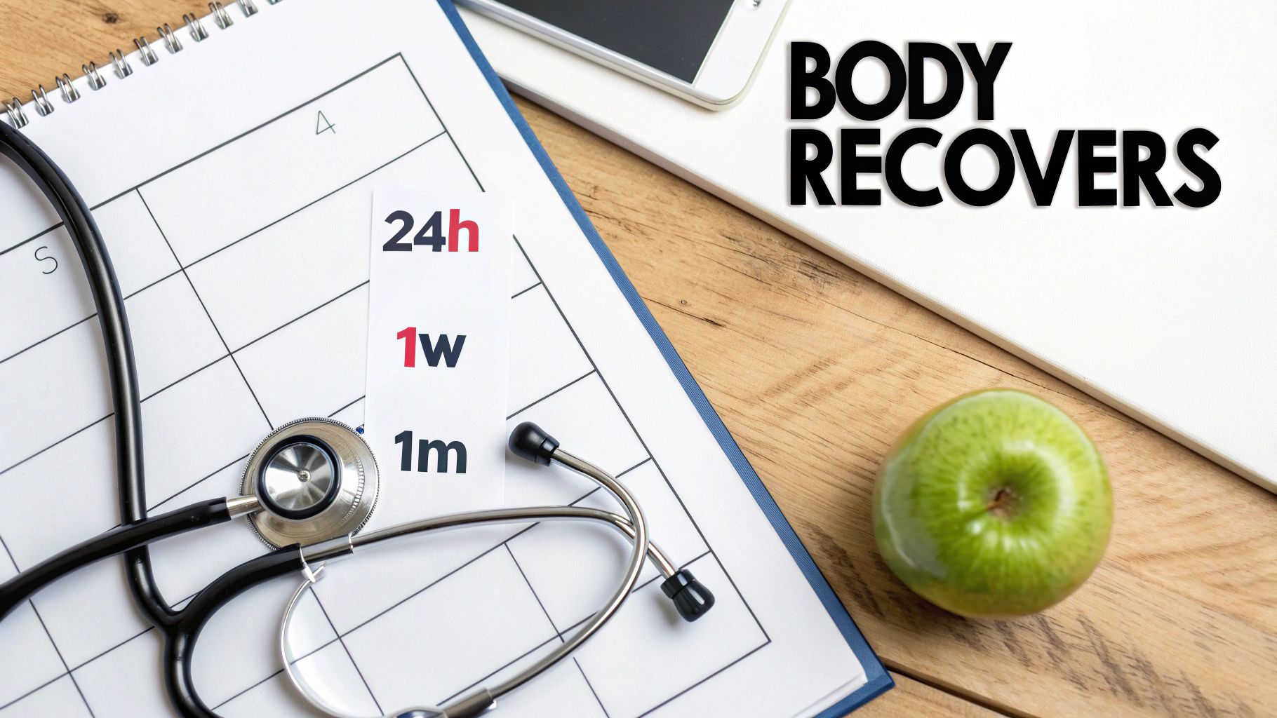 Recovery timeline chart showing 24 hours, 1 week, and 1 month markers with stethoscope and green apple