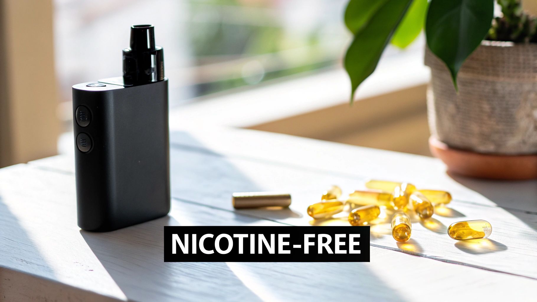 Black nicotine-free vape device and yellow CBD capsules on a wooden table near a plant.