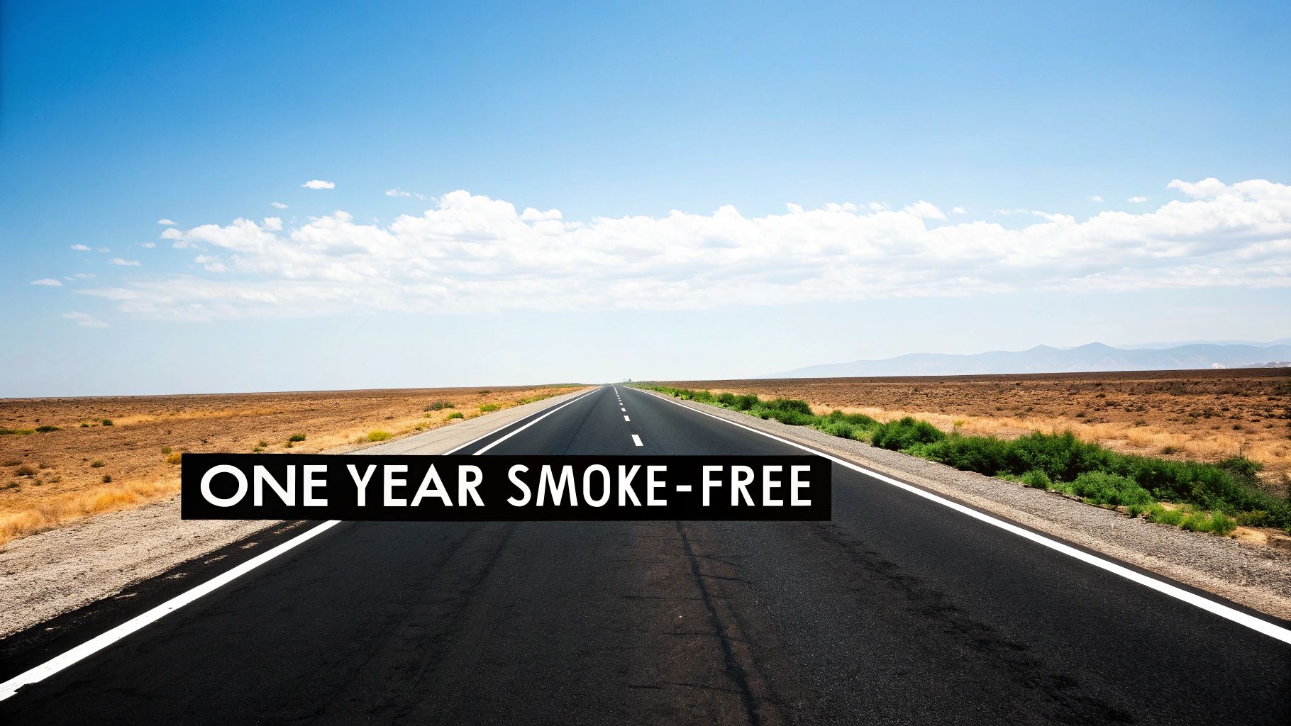 A long, straight desert road under a clear blue sky, with text 'ONE YEAR SMOKE-FREE' overlaid.