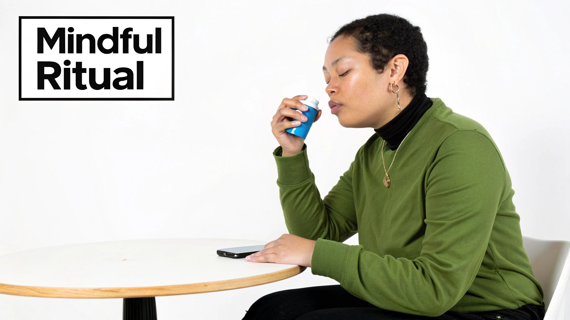 A woman with her eyes closed, smelling a blue container at a table, with 'Mindful Ritual' text.
