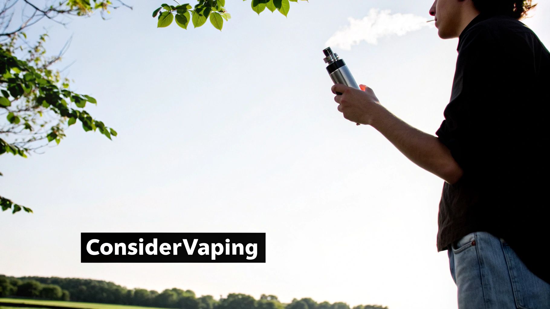 A person exhales vapor from an e-cigarette outdoors under a bright sky, with green leaves.