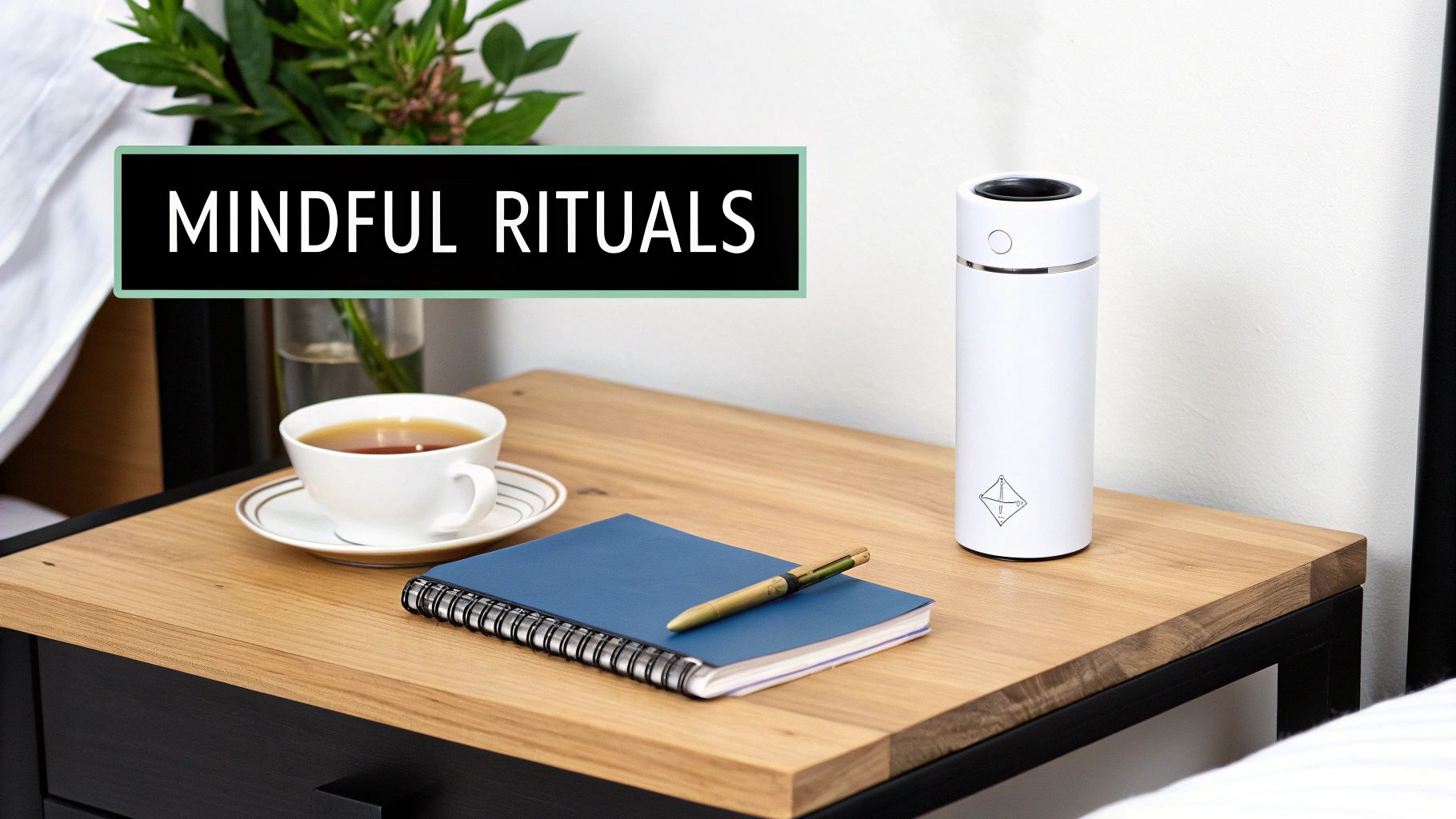 A nightstand with tea, a notebook, a pen, a smart bottle, and a plant for mindful rituals.