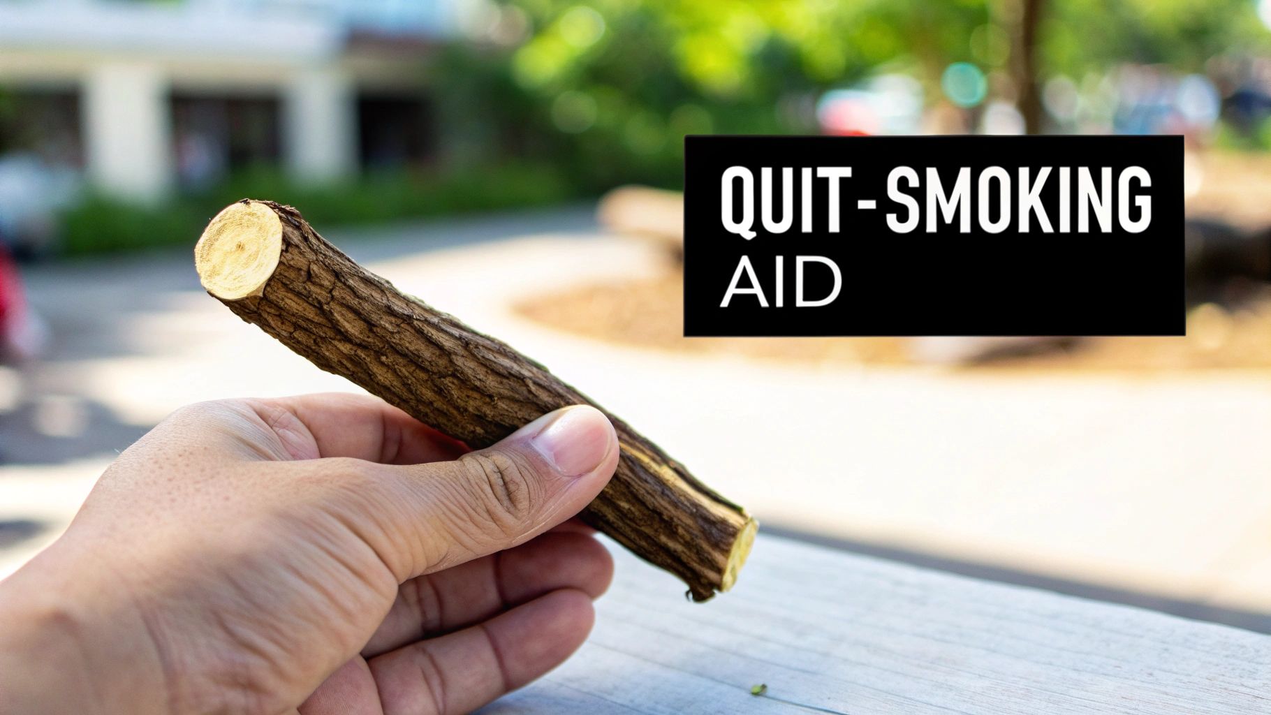 A hand holds a natural licorice root stick, with text overlay 'QUIT-SMOKING AID', suggesting a healthy alternative.