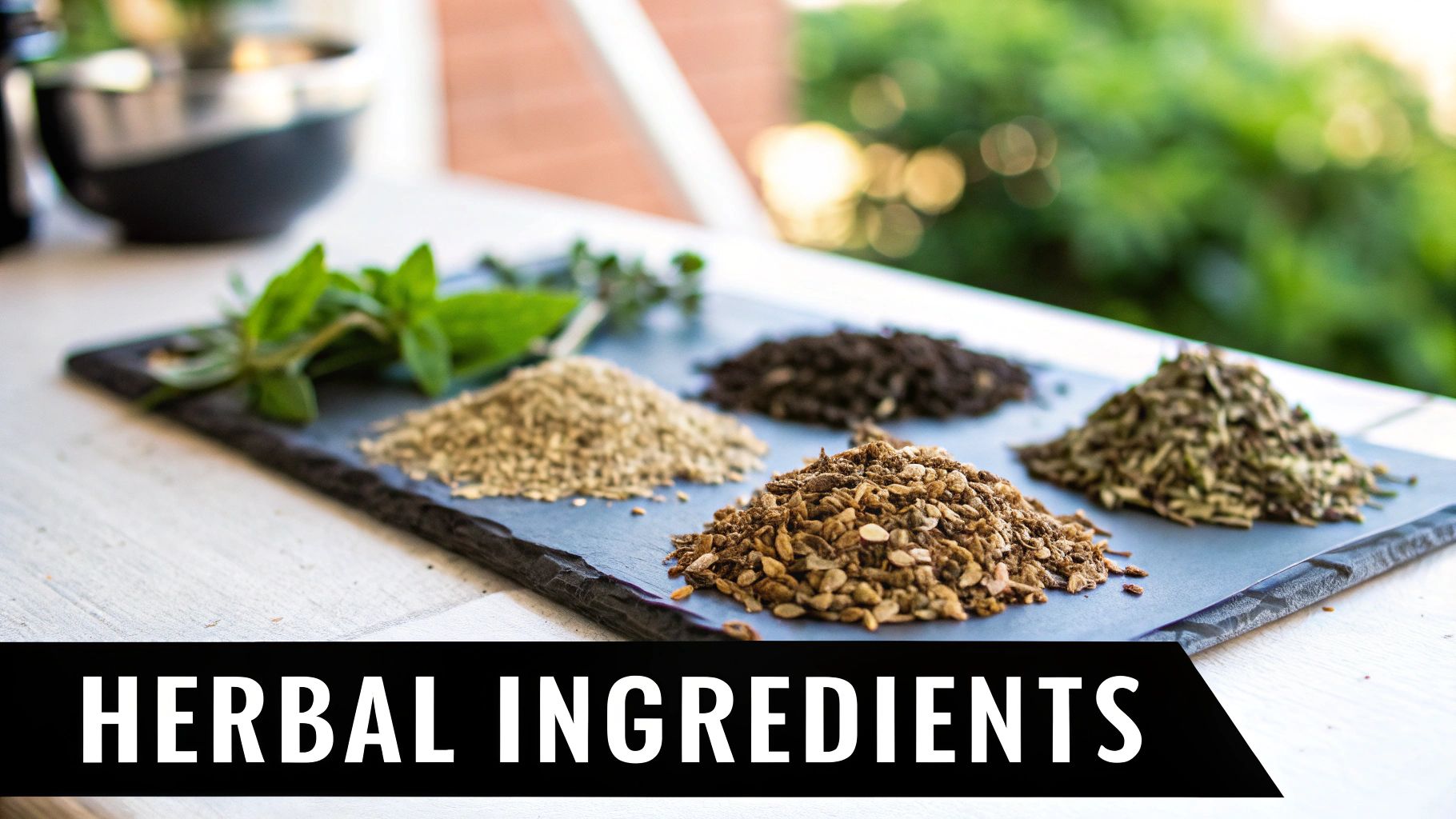 A dark slate board holds various piles of dried herbs and fresh green herbs.