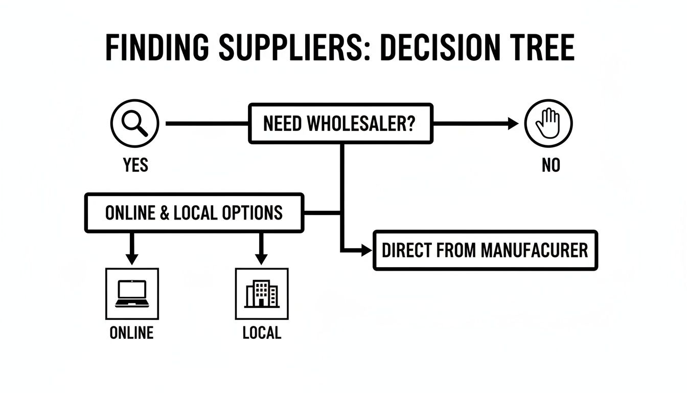 Decision tree diagram illustrating the process of finding suppliers, including wholesalers, online, local, and direct from manufacturers.