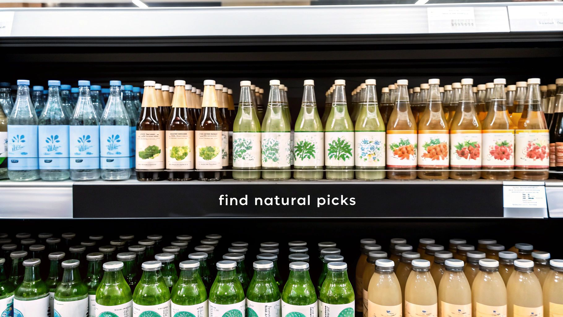 Rows of natural beverages, including flavored waters and juices, displayed on a brightly lit supermarket shelf.