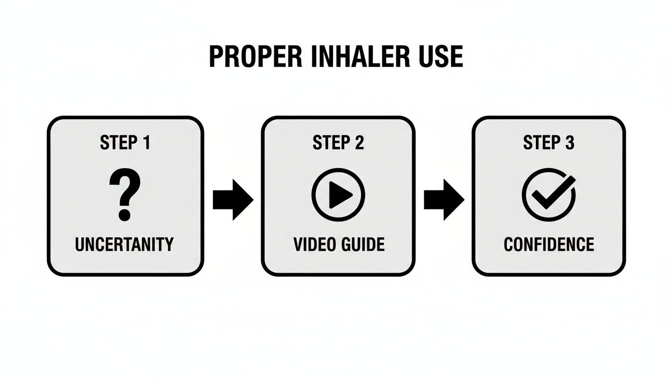 Diagram showing three steps for proper inhaler use: uncertainty, video guide, and confidence.