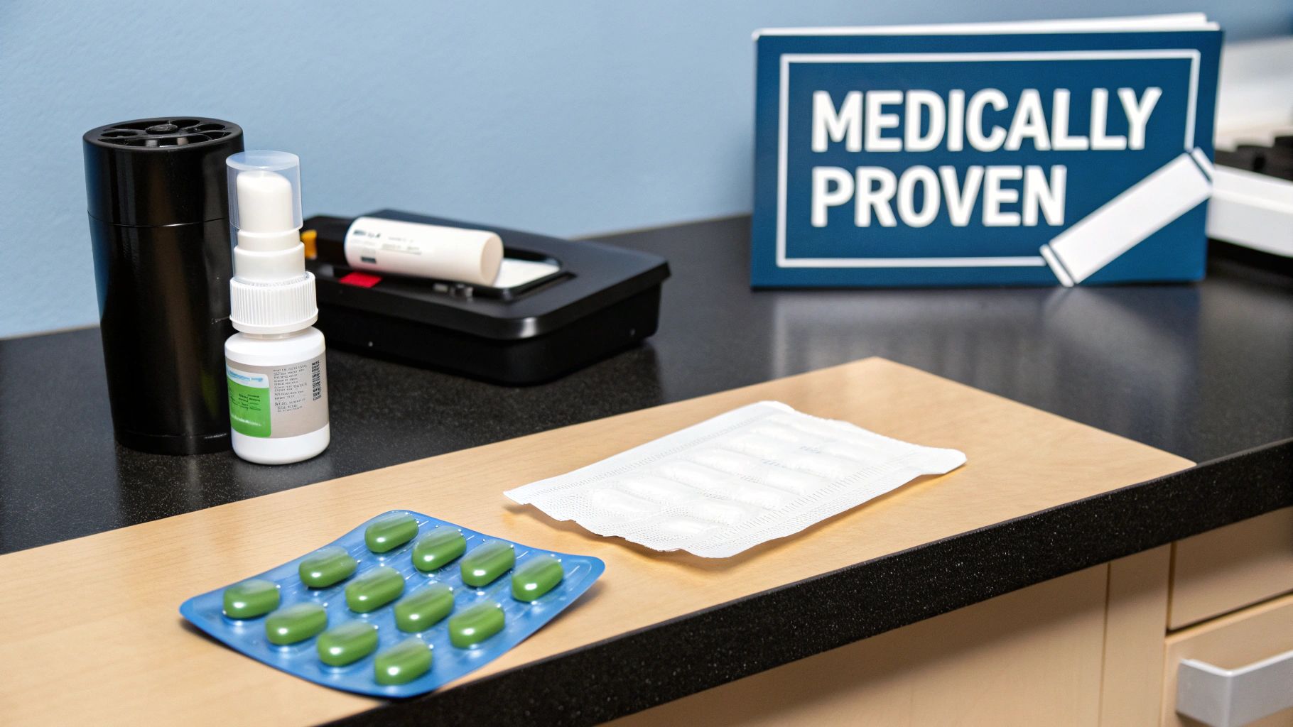 Various medical products, including pills, a spray, and devices, with a 'MEDICALLY PROVEN' sign.