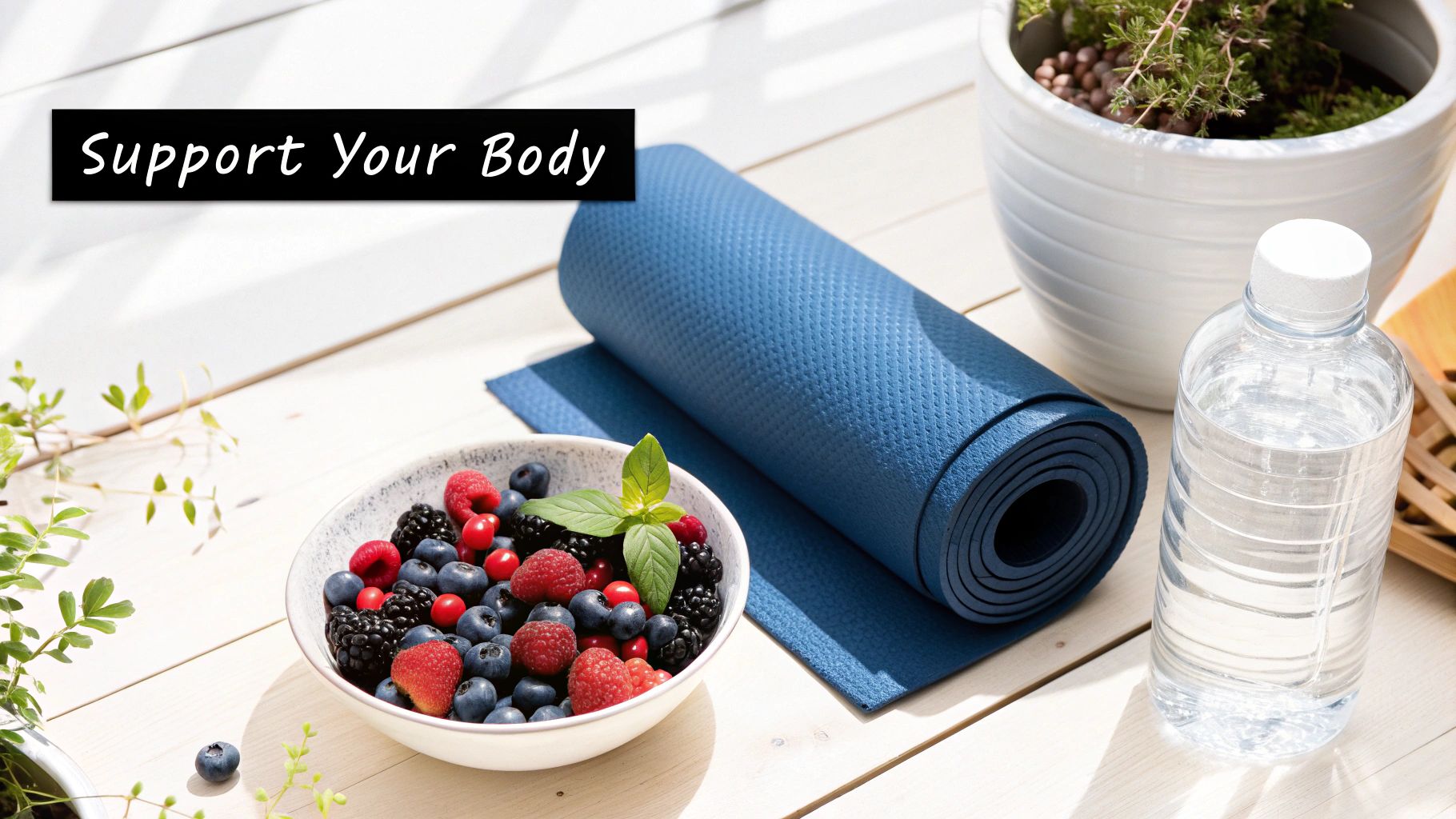 A bowl of fresh berries, a blue yoga mat, and a water bottle on a white wooden table, promoting a healthy lifestyle.