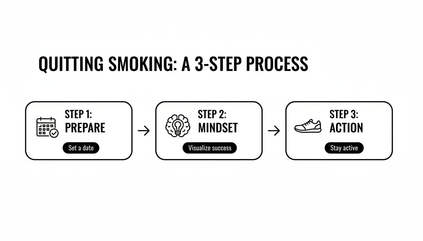 Infographic outlines a 3-step process for quitting smoking: prepare, mindset, and action with icons.