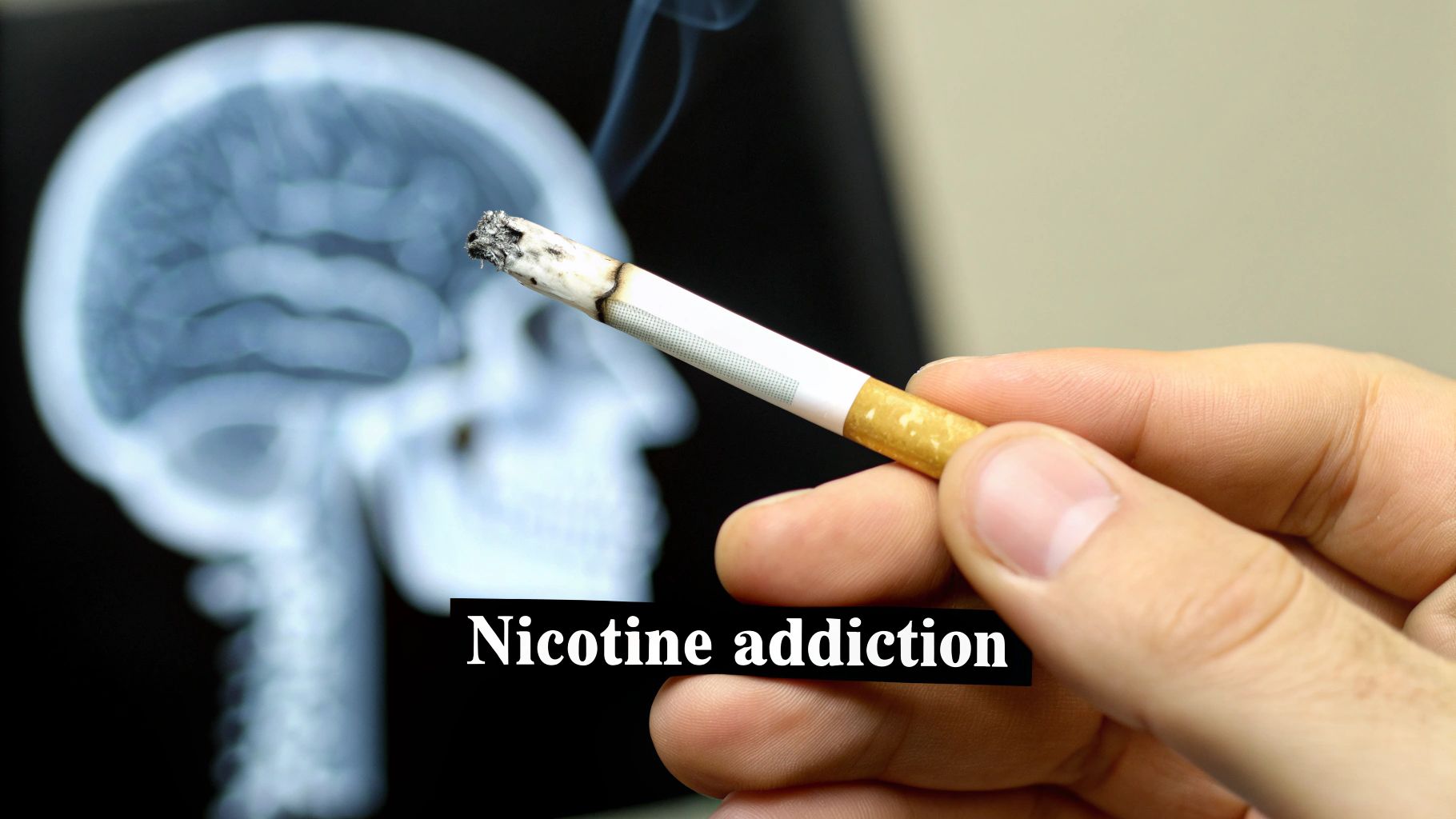 A hand holds a lit cigarette with smoke, against a blurry brain scan and 'Nicotine addiction' text.