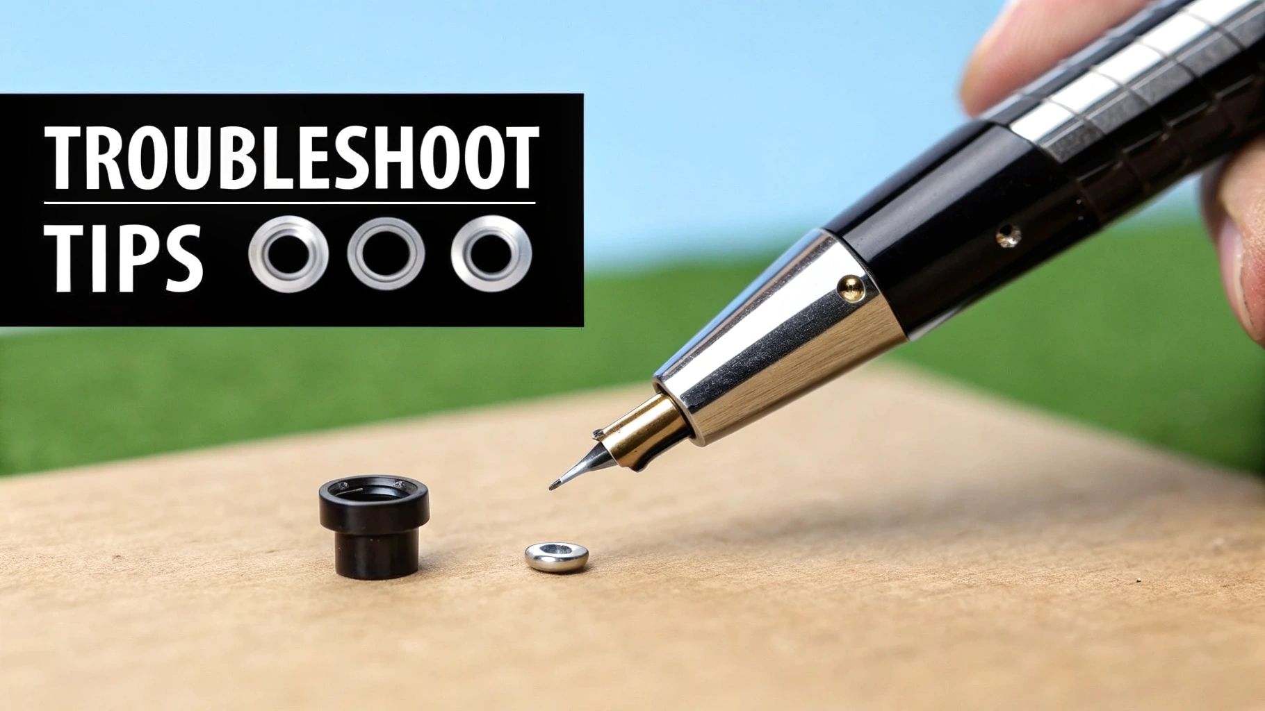 Close-up of a pen pointing towards small metallic and plastic parts on a wooden surface, with 'TROUBLESHOOT TIPS' text.