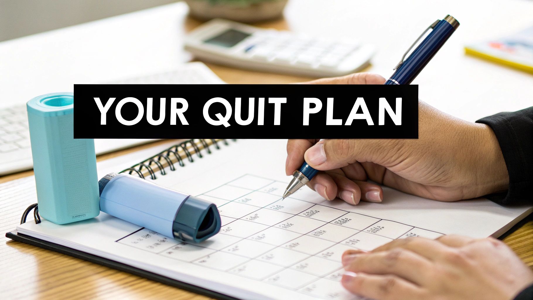 A person writes in a planner with "YOUR QUIT PLAN" text overlay, next to blue inhaler-like devices.