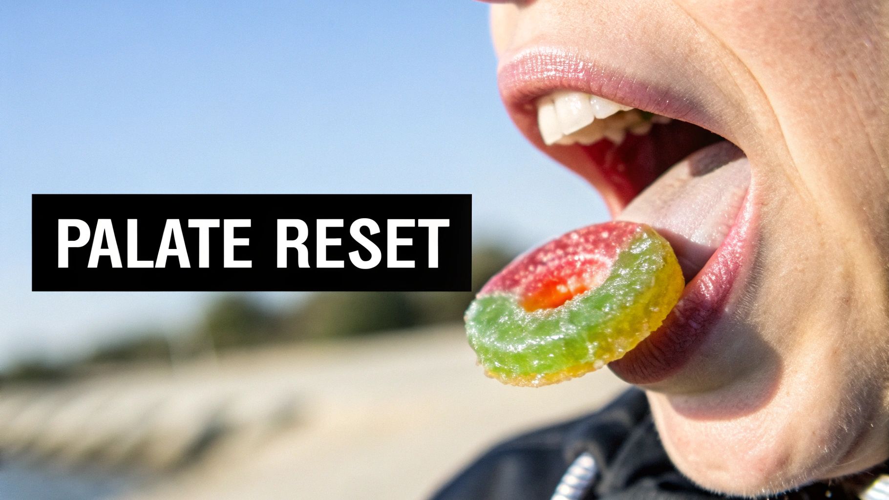 A person's mouth with a vibrant, sugar-coated gummy candy on their tongue, labeled 'PALATE RESET'.