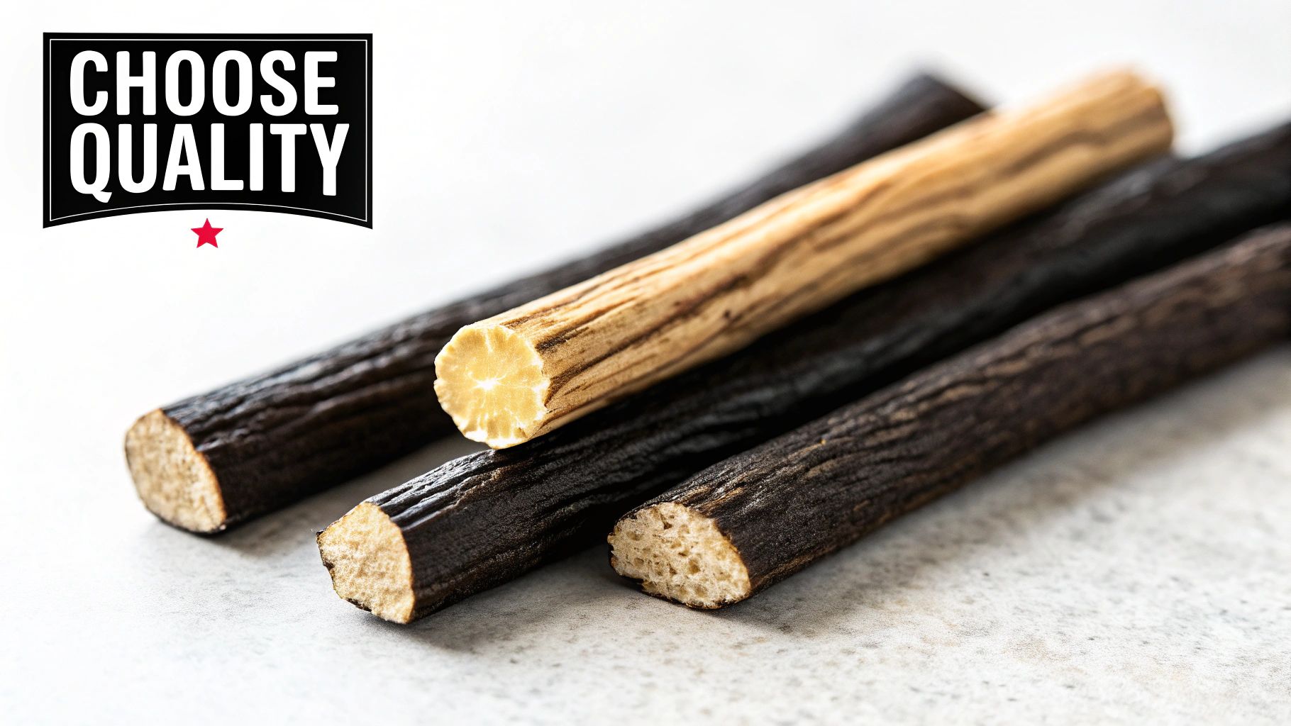 Close-up of several dark and one light brown licorice wood sticks with cut ends, on a light background.