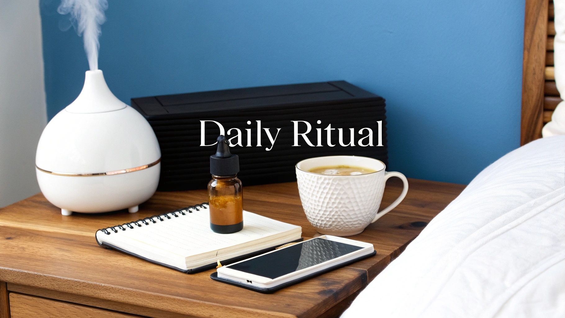 A person in a calm setting, holding a diffuser and a bottle of a bottle of essential oil.