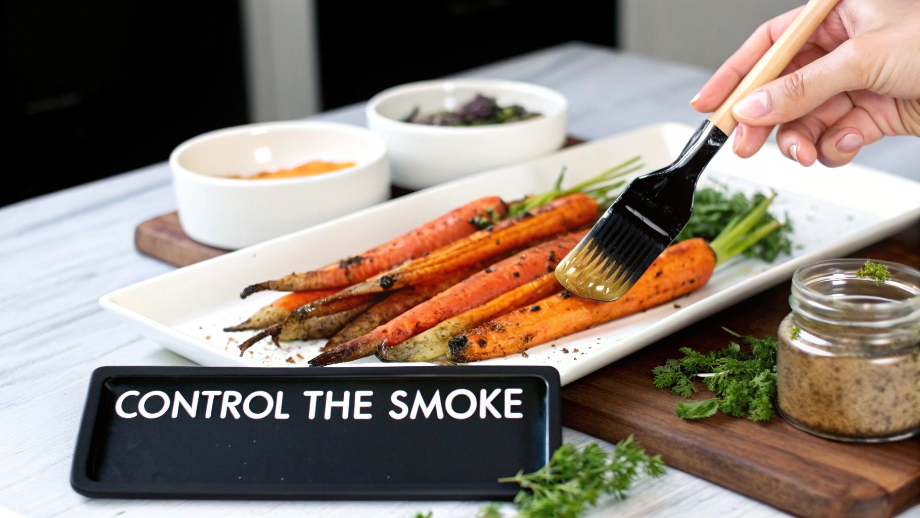 A hand brushes a golden glaze onto a platter of roasted carrots next to a 'CONTROL THE SMOKE' sign.