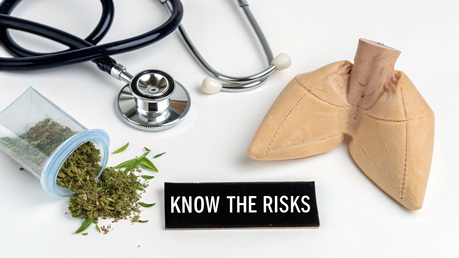 A stethoscope, cannabis spilling from a container, a lung model, and a "KNOW THE RISKS" sign on a white surface, highlighting health risks.